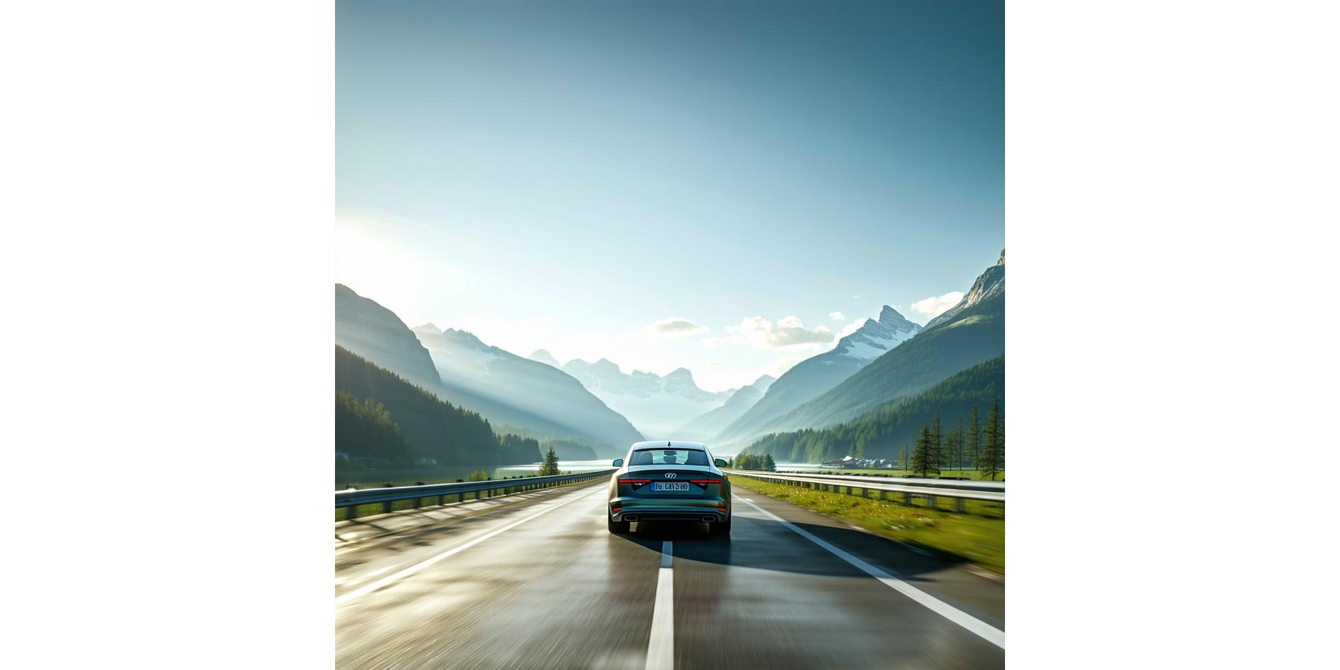 A modern car driving on a scenic Austrian autobahn